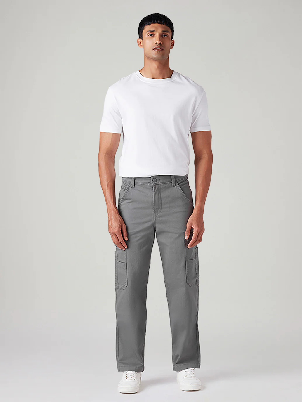 Men's Grey Straight Fit Mid Rise Cargos - Image 2