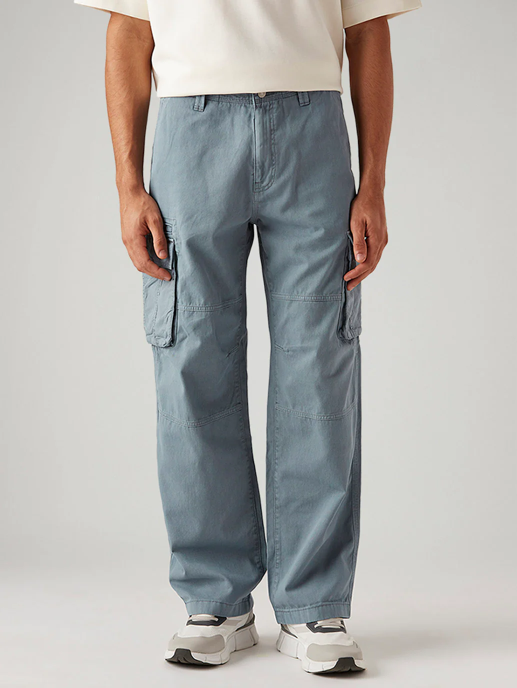 Men's Blue Baggy Fit Mid Rise Cargos - Image 3