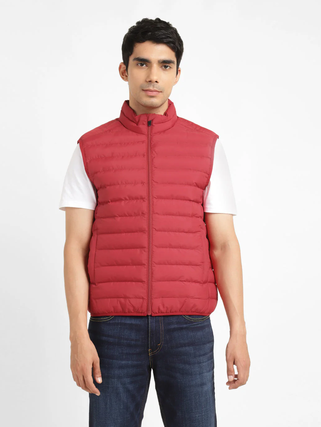 Men's Solid Red Sleeveless Quilted Jacket - Image 2