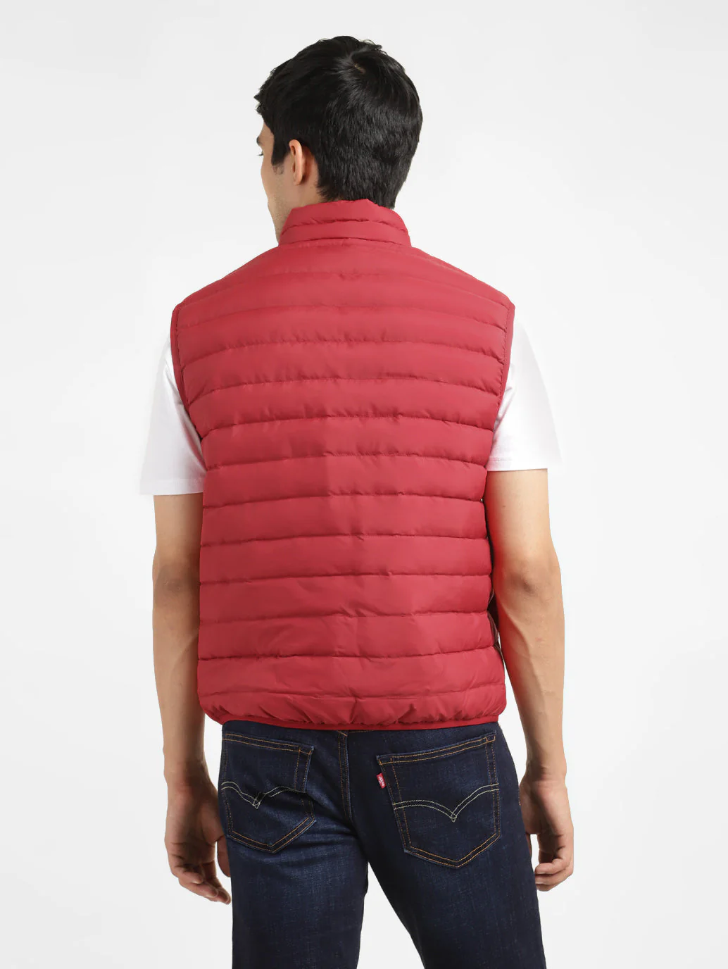 Men's Solid Red Sleeveless Quilted Jacket - Image 3