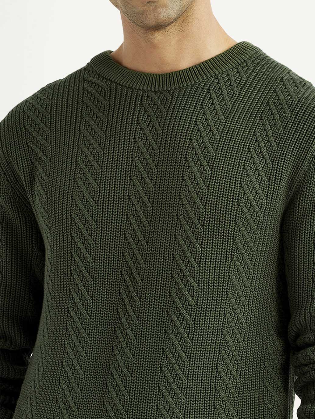 Men's Jacquard Dark Green Crew Neck Sweater - Image 3
