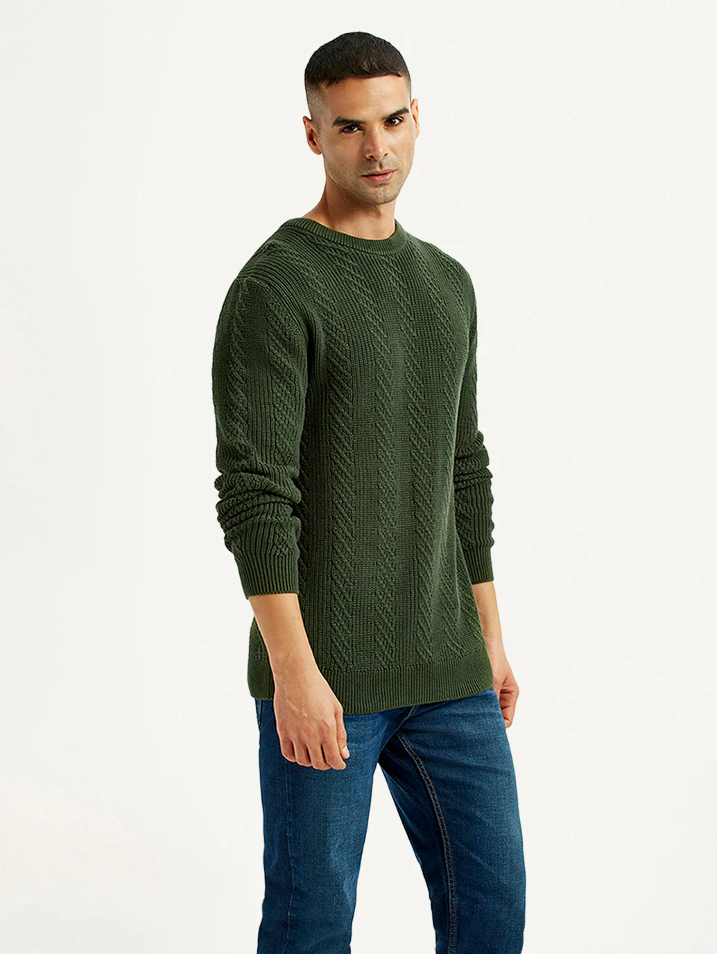 Men's Jacquard Dark Green Crew Neck Sweater - Image 4
