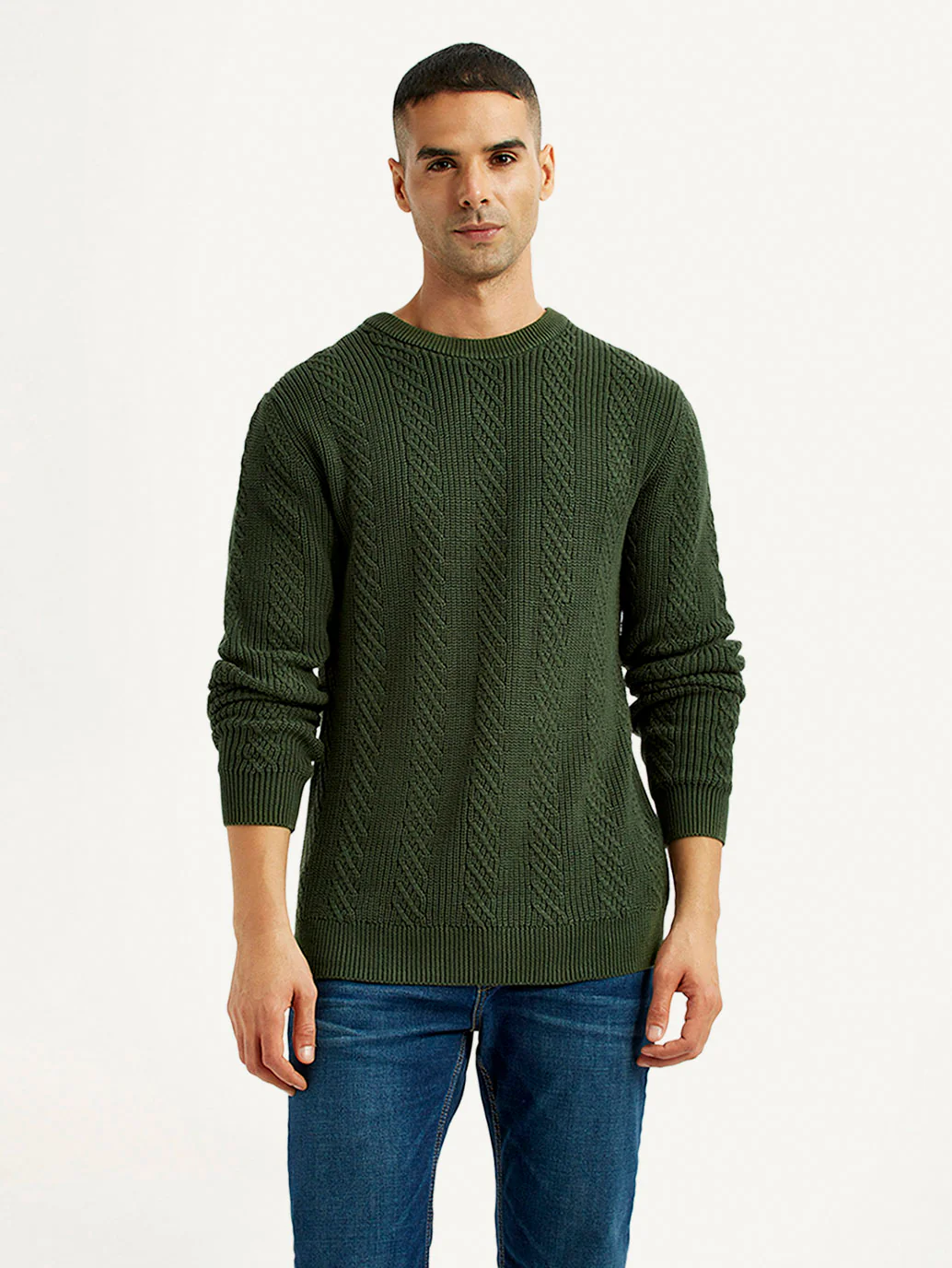Men's Jacquard Dark Green Crew Neck Sweater - Image 5