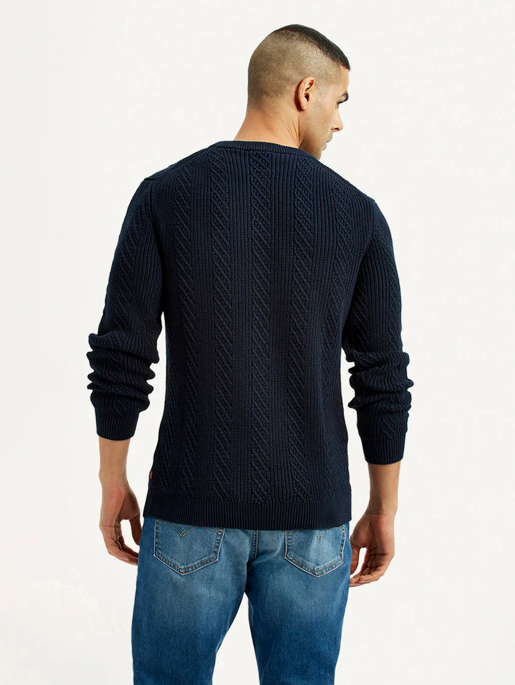 Men's Jacquard Navy Crew Neck Sweater - Image 2