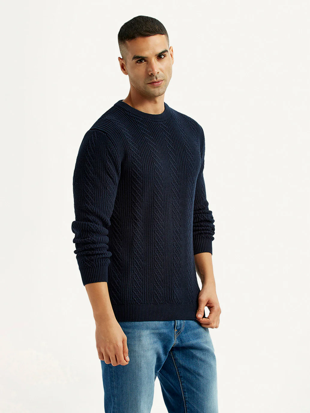 Men's Jacquard Navy Crew Neck Sweater - Image 4