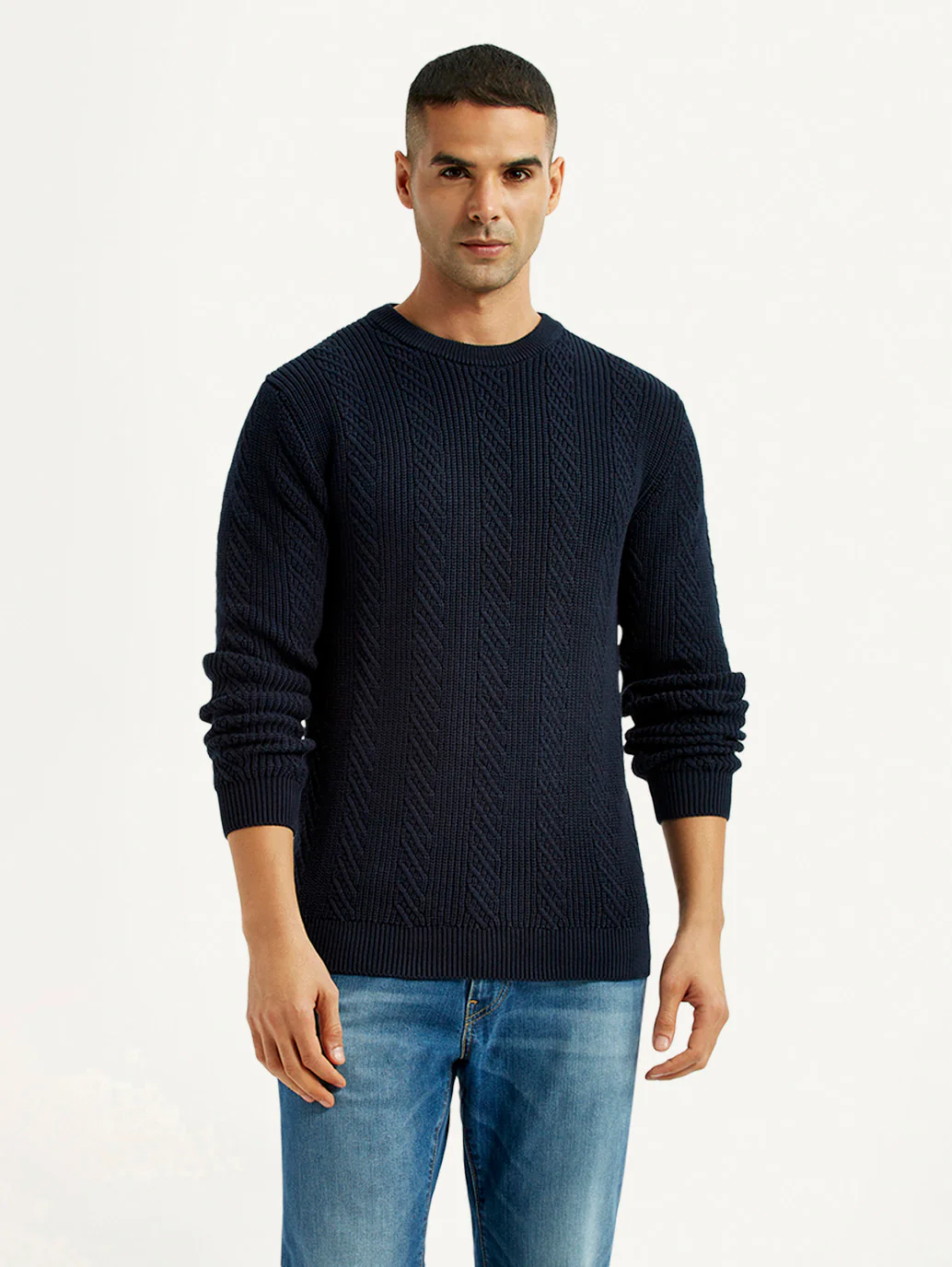 Men's Jacquard Navy Crew Neck Sweater - Image 5