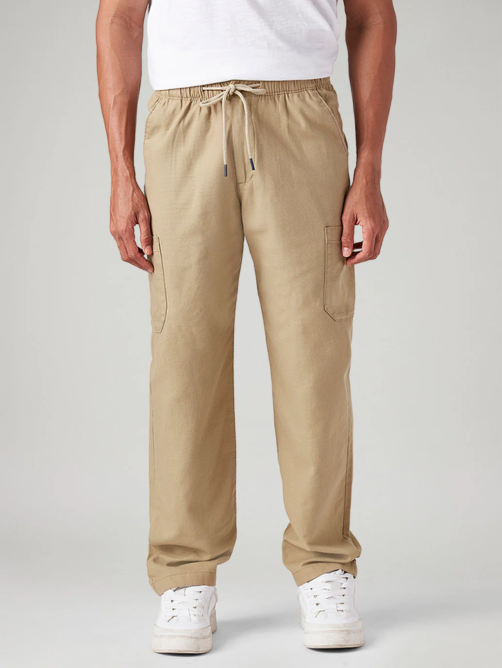 Men's Khaki Relaxed Tapered Fit Mid Rise Linen Cargos - Image 3