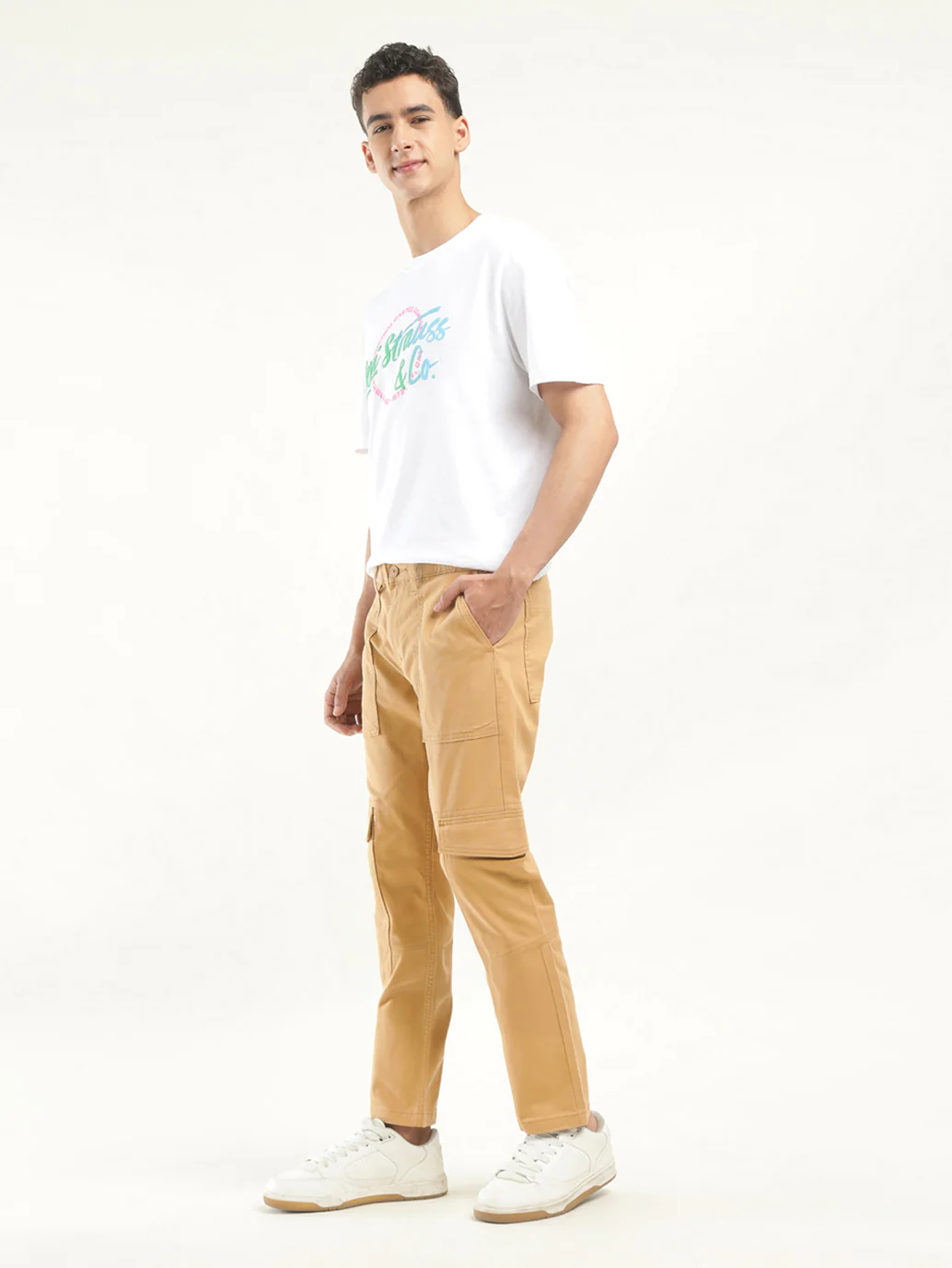 Men's Khaki Slim Fit Cargo Trousers - Image 5