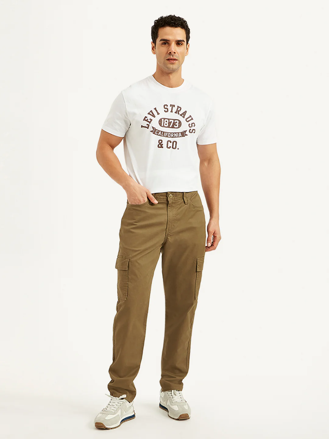 Men's Khaki Straight Fit Cargo Trousers - Image 2