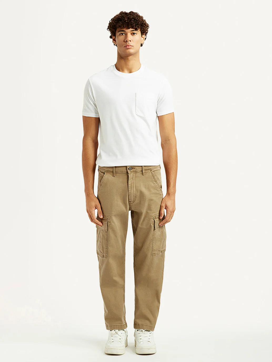 Men's Khaki Overdyed Tapered Fit Mid Rise Cargo Trousers - Image 2