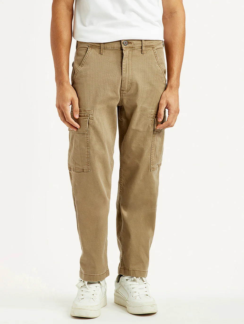 Men's Khaki Overdyed Tapered Fit Mid Rise Cargo Trousers - Image 3