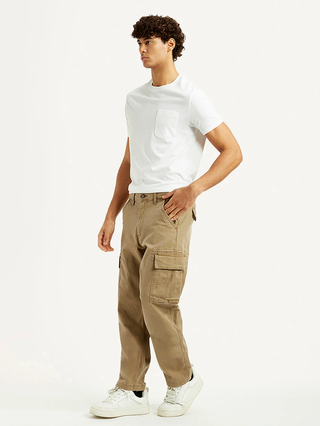 Men's Khaki Overdyed Tapered Fit Mid Rise Cargo Trousers - Image 6