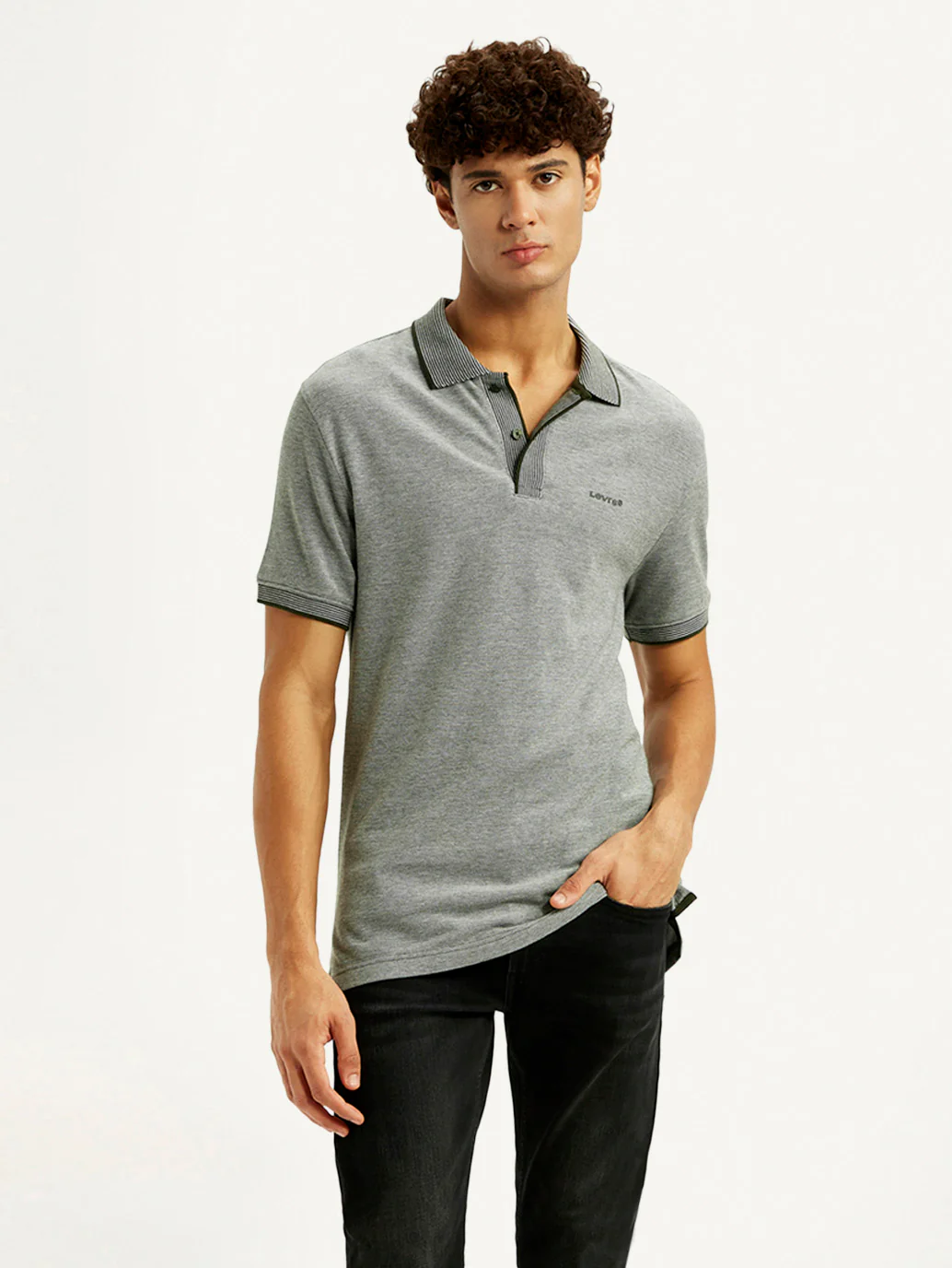 Men's Melange Grey Slim Fit Polo T-shirt - Image 2