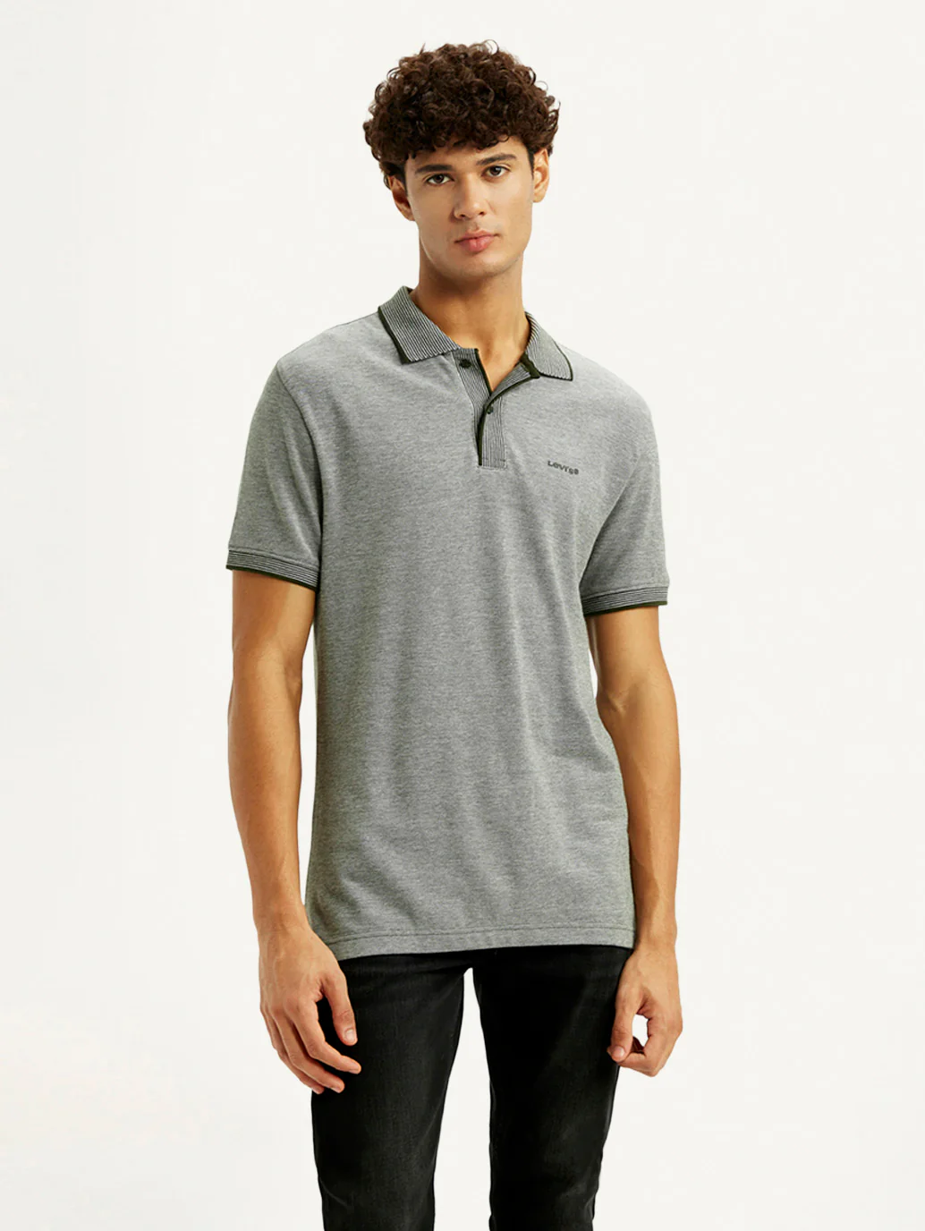 Men's Melange Grey Slim Fit Polo T-shirt - Image 3