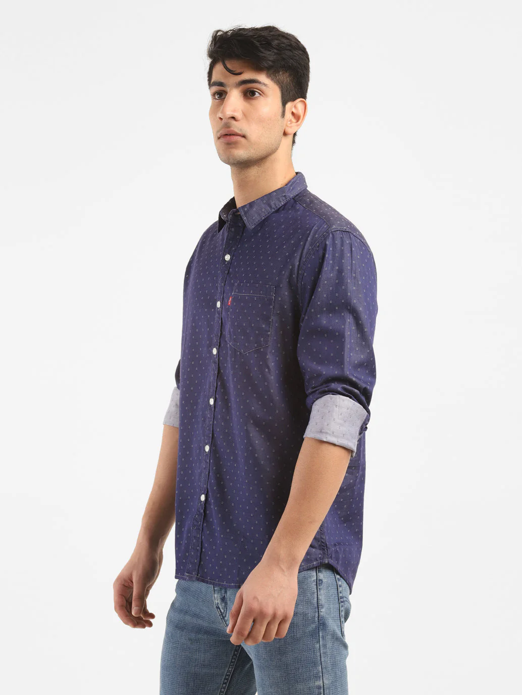 Men's Navy Printed Slim Fit Shirt - Image 3