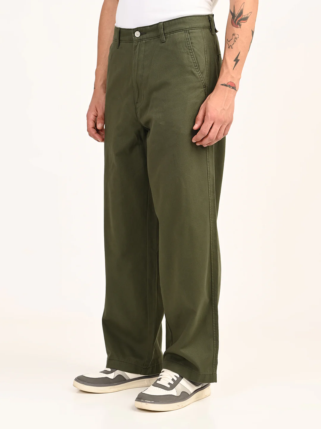 Men's Olive Baggy Fit Trousers - Image 6