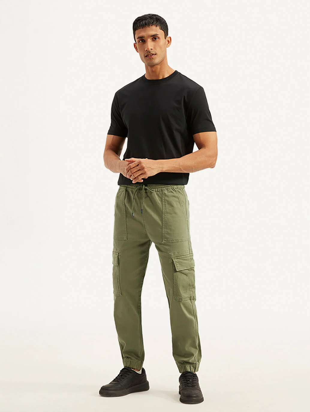 Men's Olive Loose Fit Cargo Trousers - Image 2