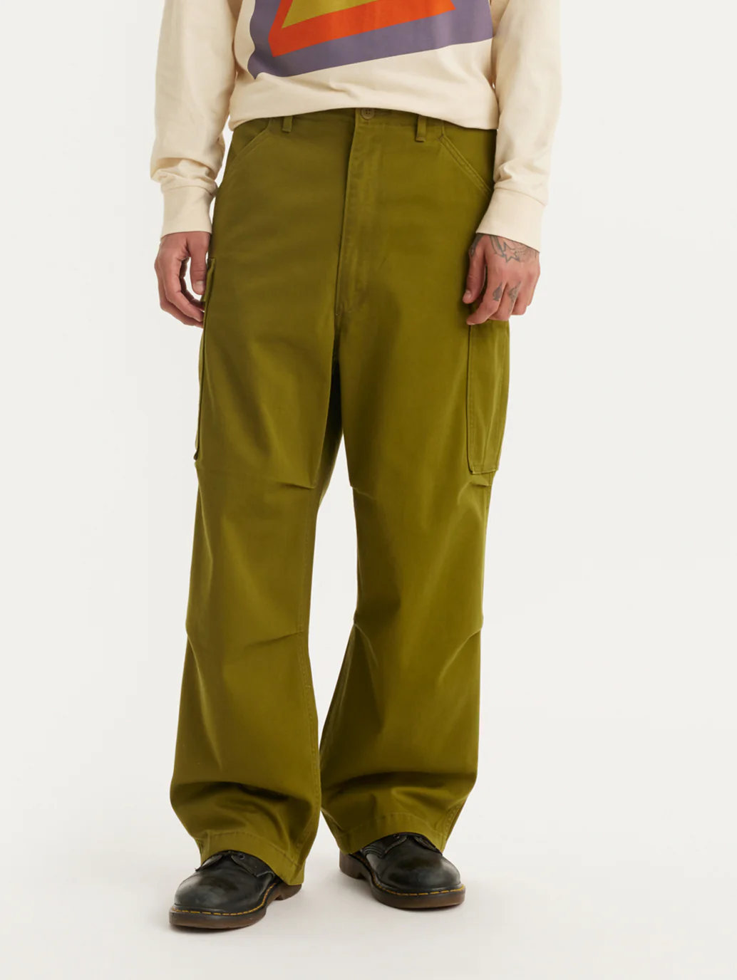 Men's Olive Loose Fit Cargo Trousers - Image 8