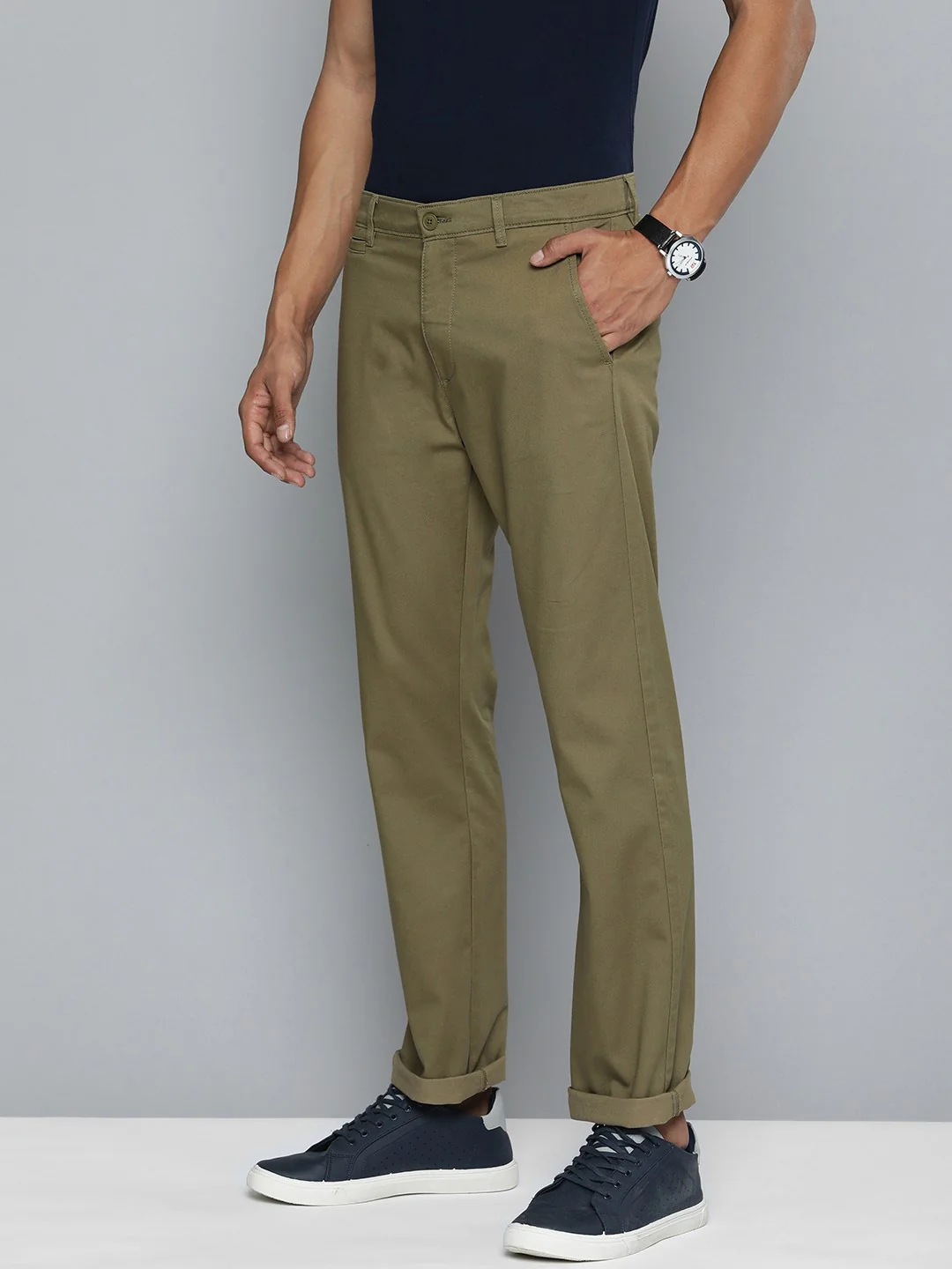 Men's Olive Slim Fit Chino Trousers - Image 3