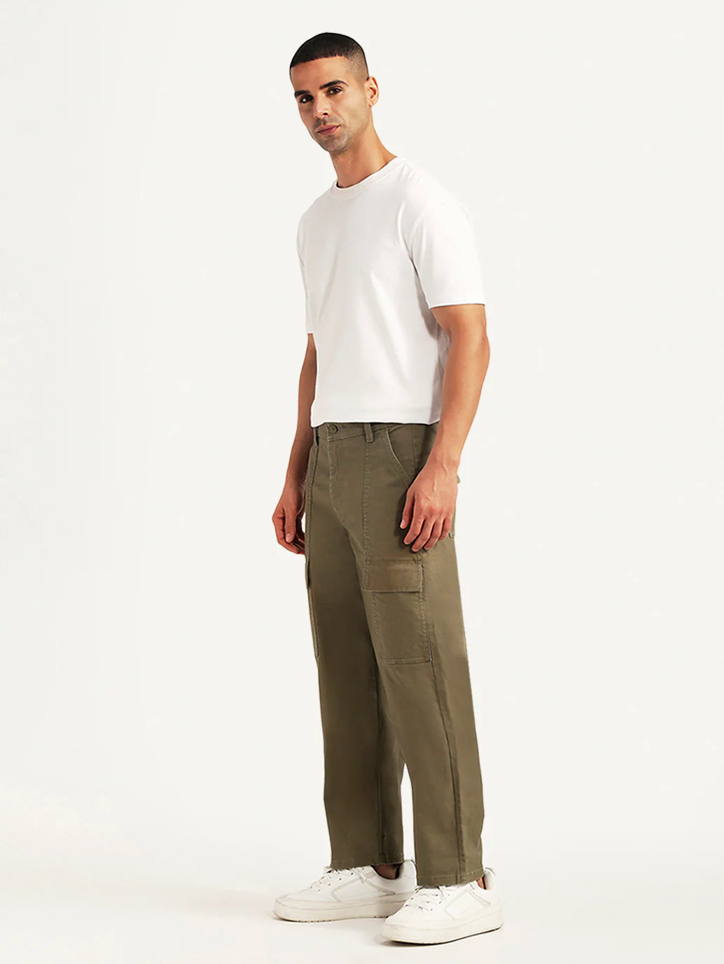 Men's Olive Straight Fit Mid Rise Commuter Cargos - Image 5