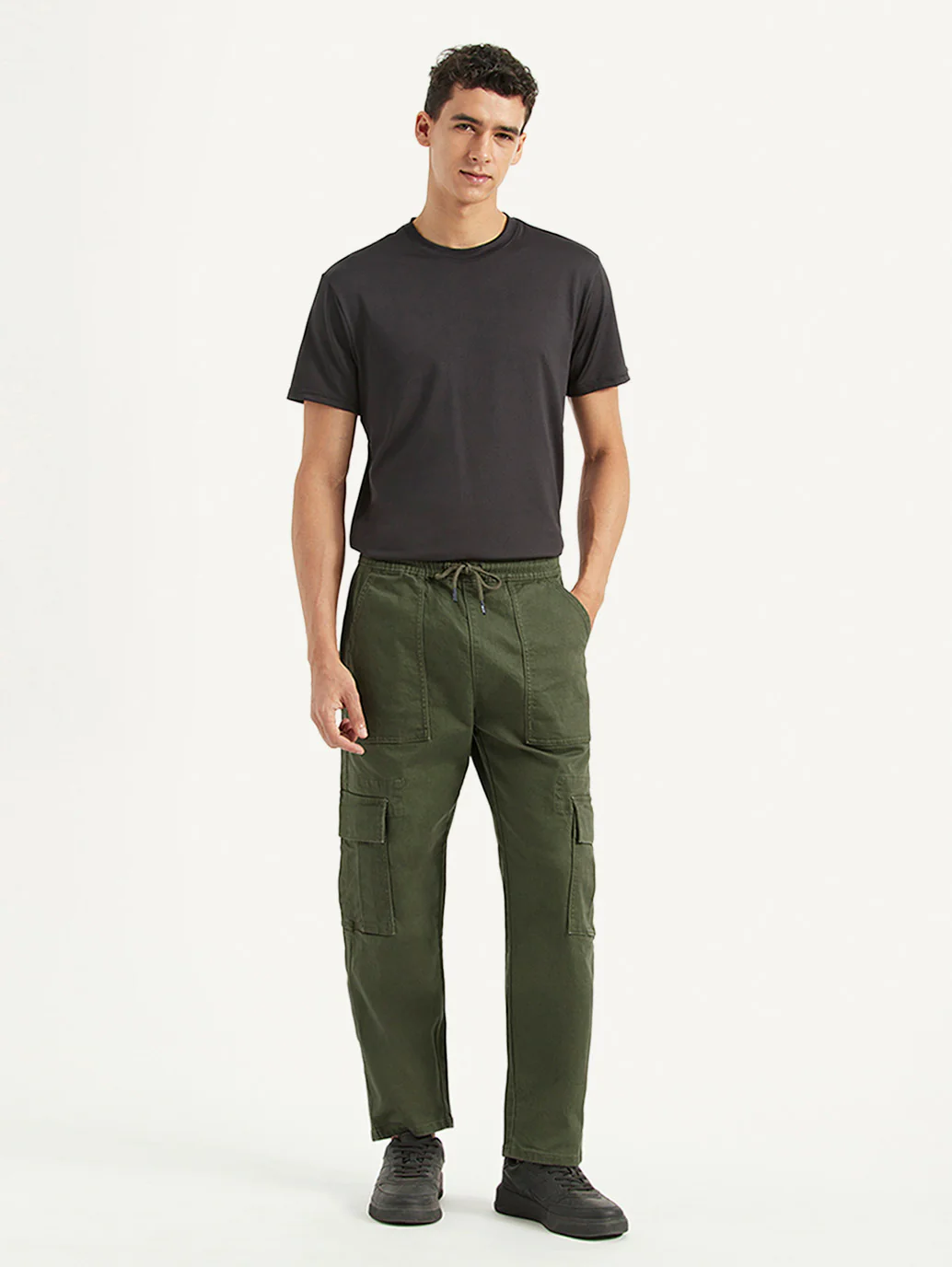 Men's Olive Tapered Fit Cargo Trousers - Image 4