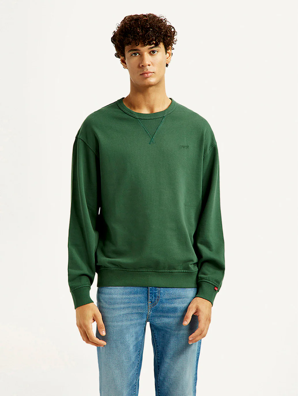 Men's Overdyed Solid Green Crew Neck Sweatshirt - Image 5