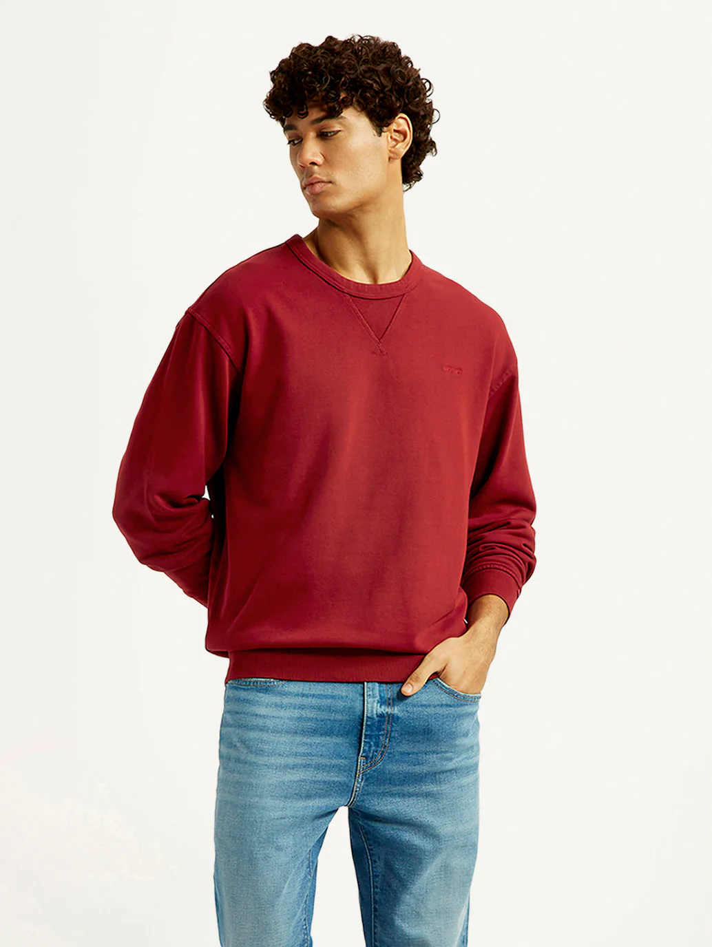Men's Overdyed Solid Red Crew Neck Sweatshirt - Image 2
