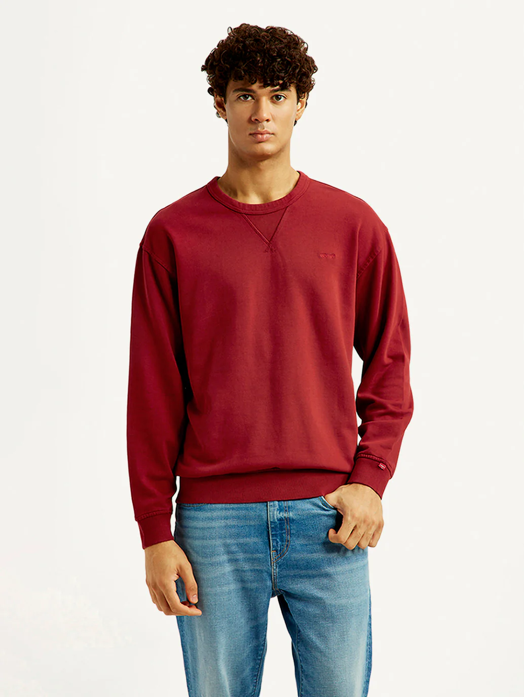 Men's Overdyed Solid Red Crew Neck Sweatshirt - Image 3