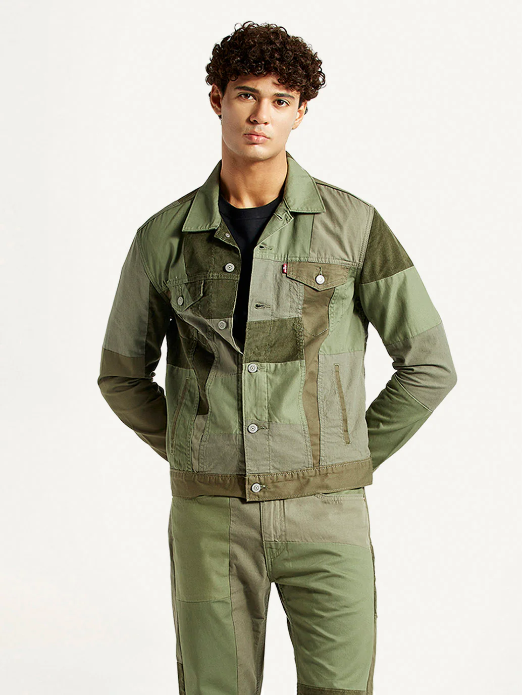 Men's Patchwork Green Trucker Jacket - Image 2