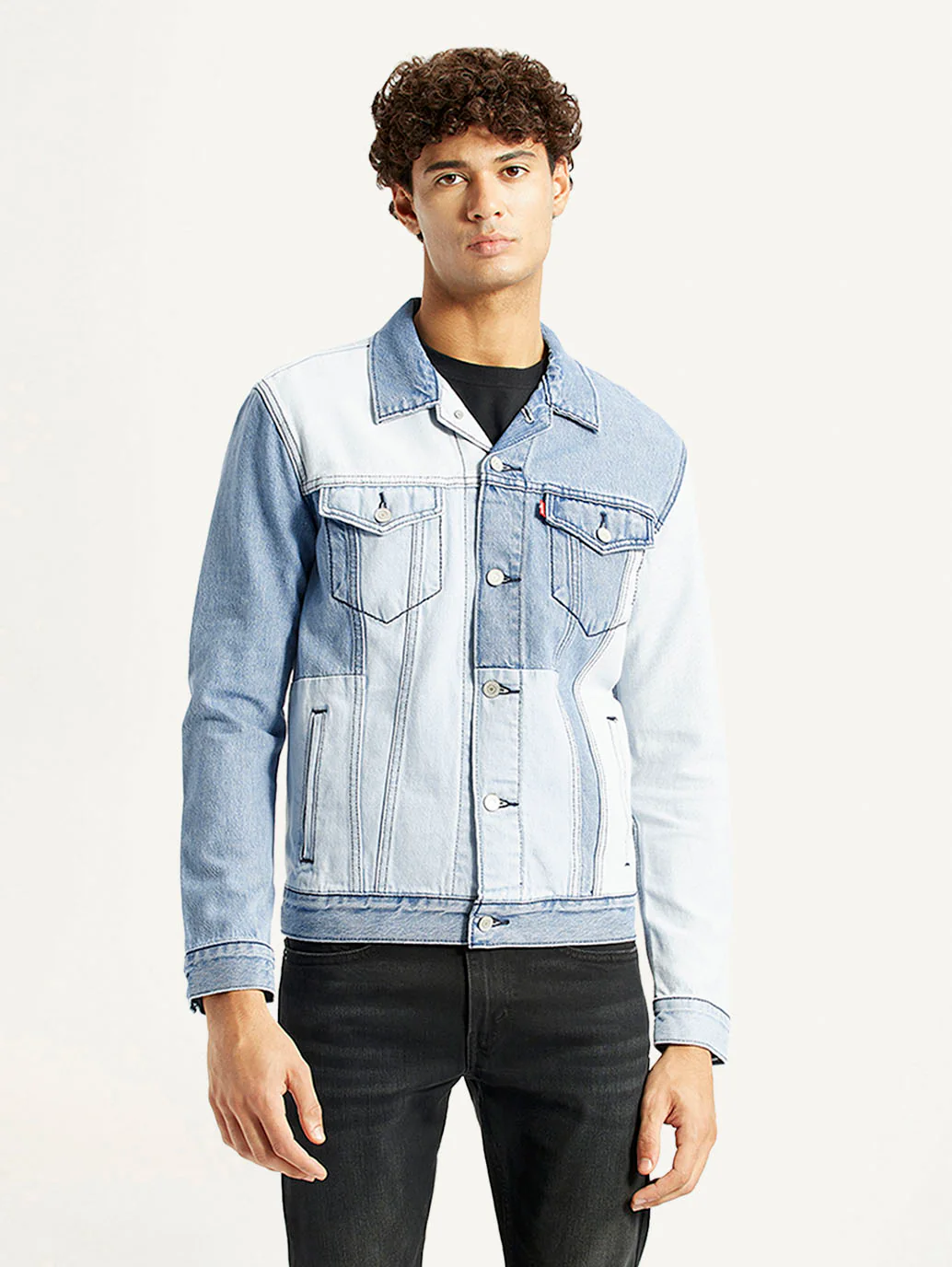 Men's Patchwork Light Blue Denim Trucker Jacket - Image 2