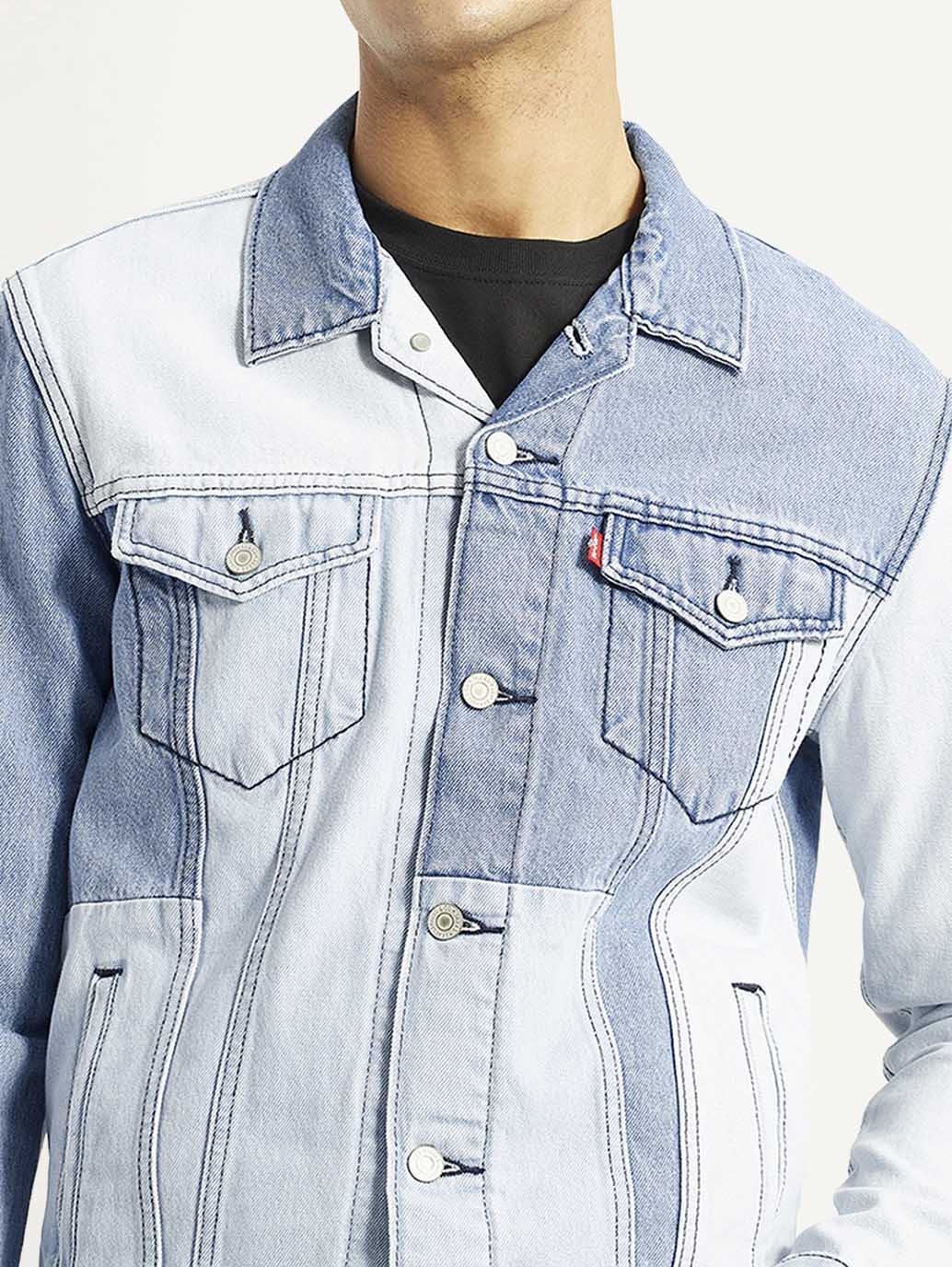 Men's Patchwork Light Blue Denim Trucker Jacket - Image 4