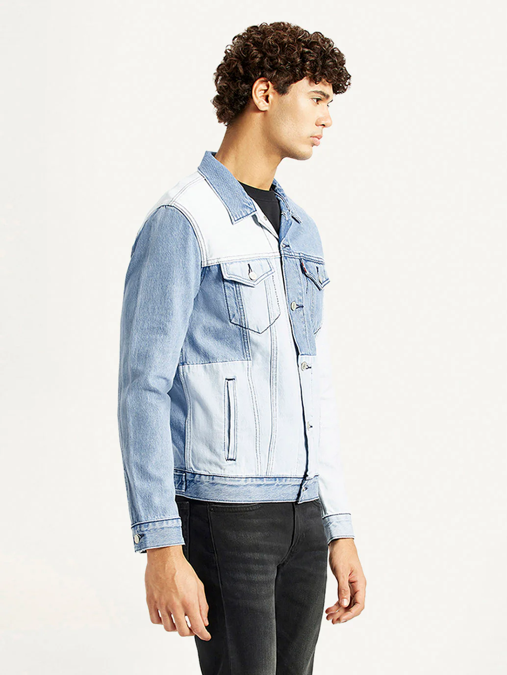 Men's Patchwork Light Blue Denim Trucker Jacket - Image 5