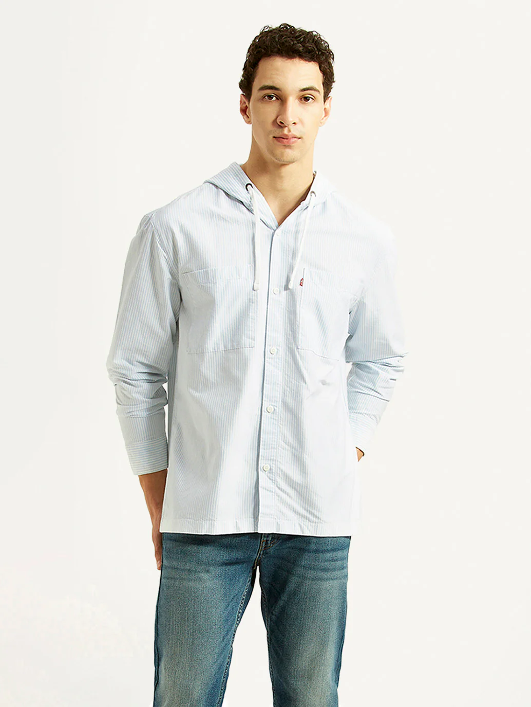 Men's Pin Striped Light Blue Relaxed Fit Hooded Oxford  Overshirt