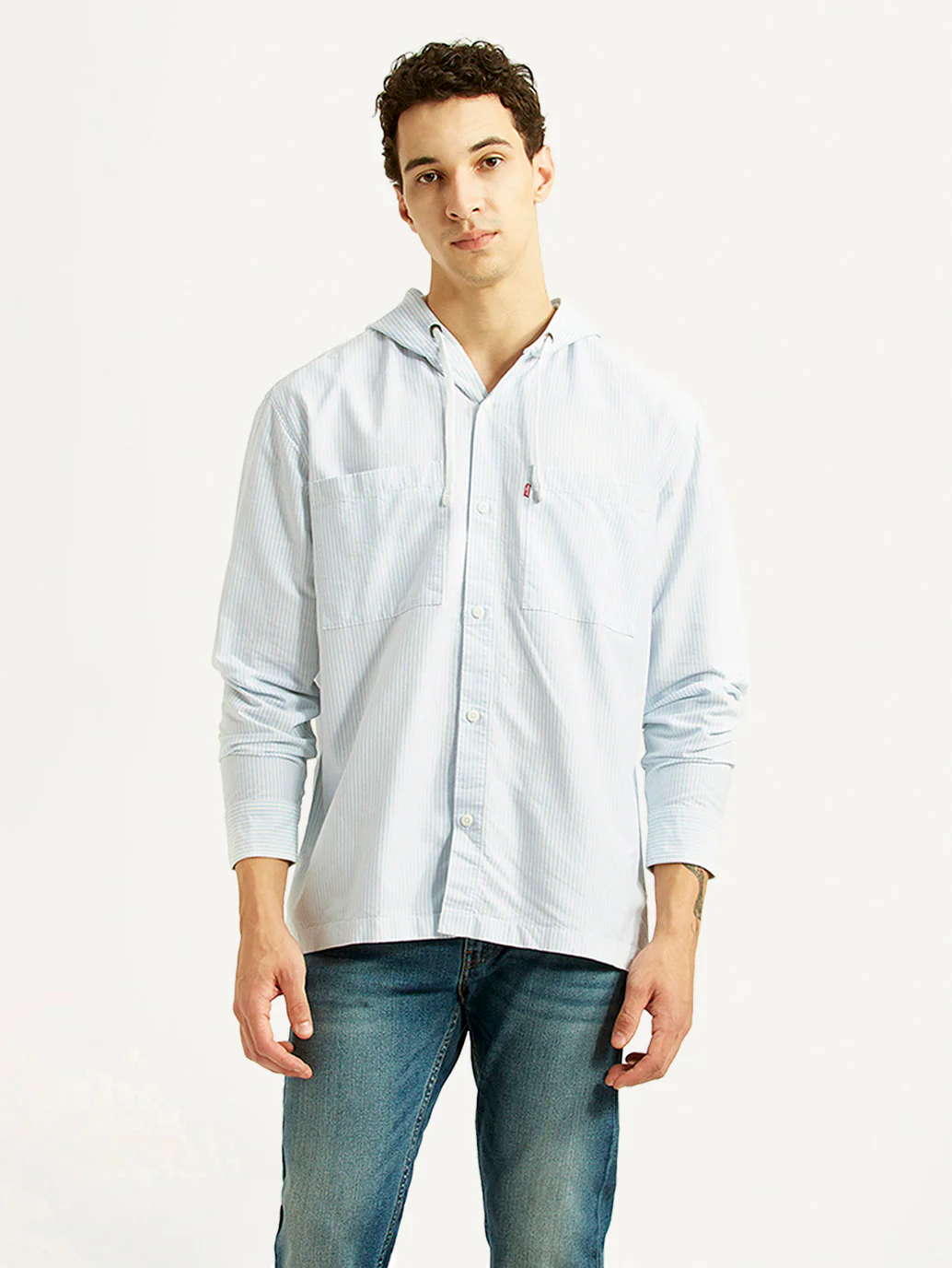 Men's Pin Striped Light Blue Relaxed Fit Hooded Oxford  Overshirt - Image 2