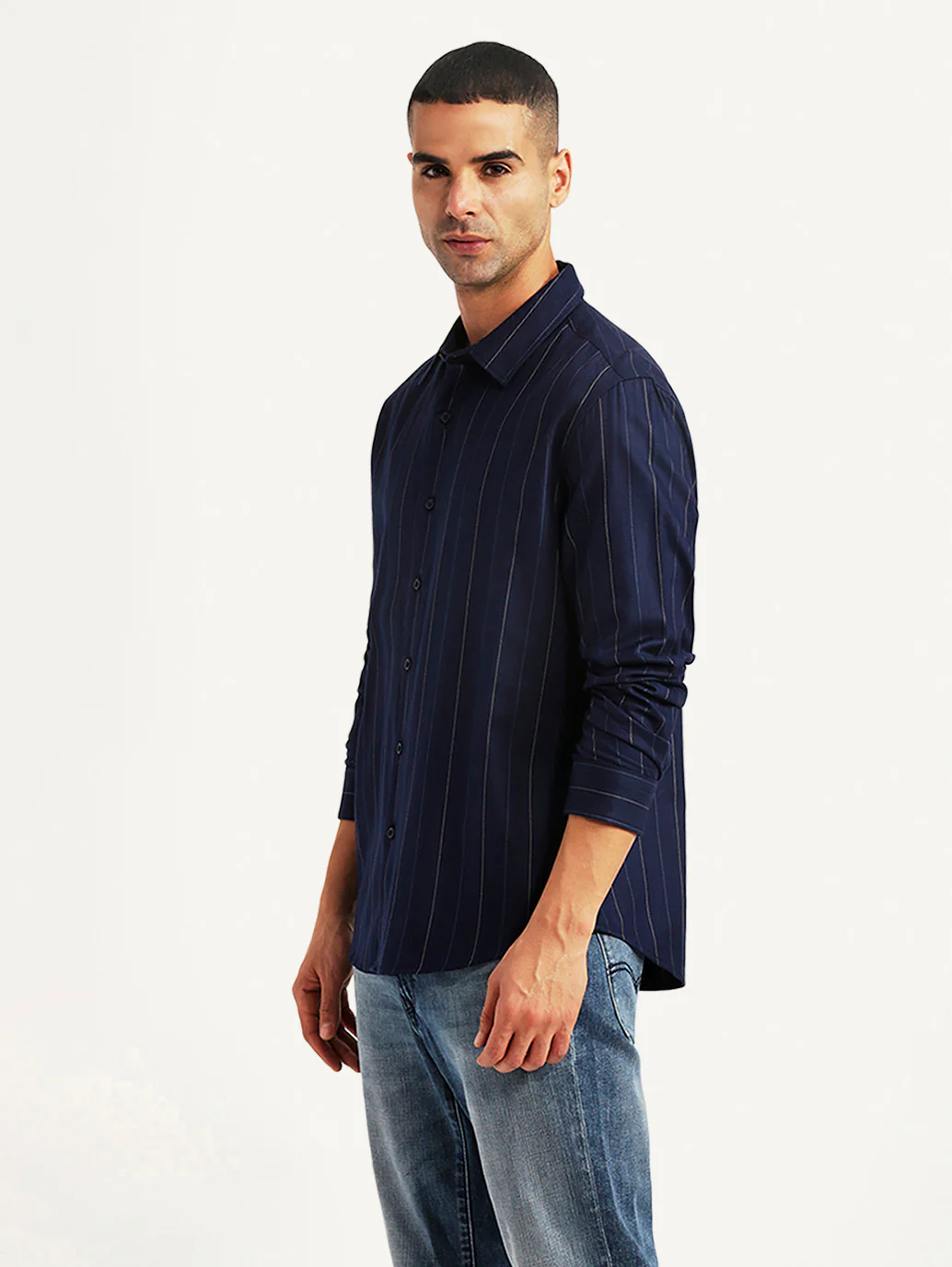 Men's Pin Stripes Navy Slim Fit Shirt - Image 3