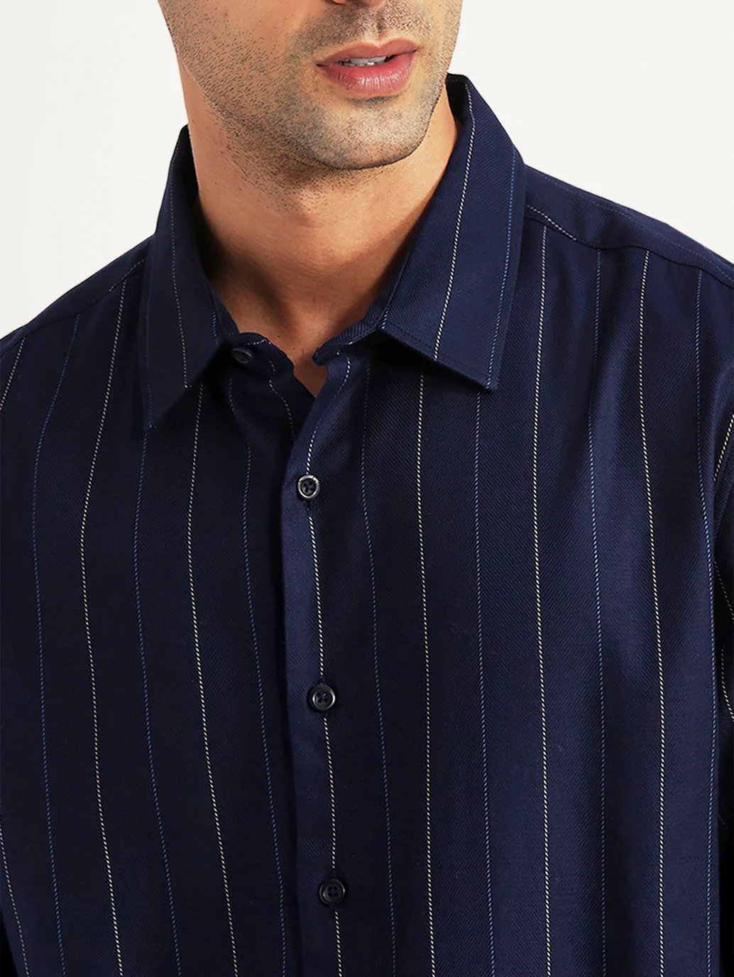 Men's Pin Stripes Navy Slim Fit Shirt - Image 4