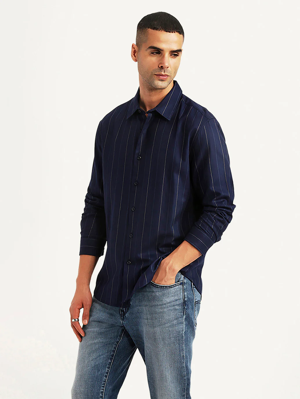 Men's Pin Stripes Navy Slim Fit Shirt - Image 5
