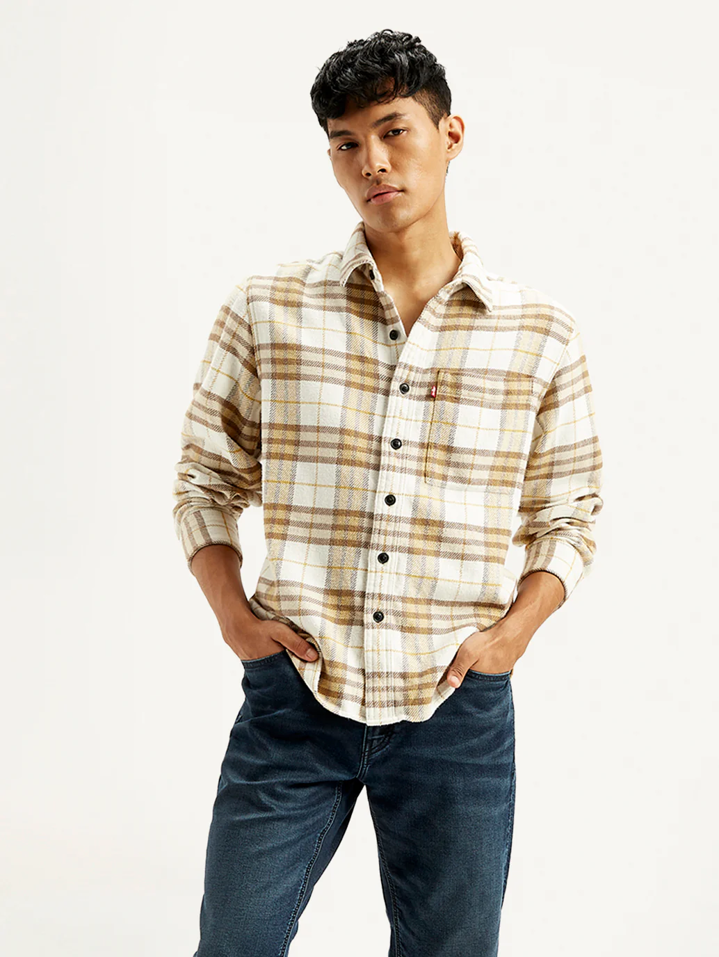 Men's Plaid Cream Relaxed Fit Jacket - Image 2