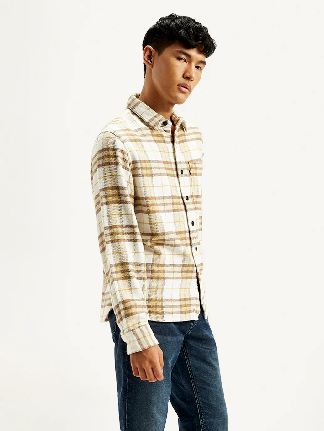Men's Plaid Cream Relaxed Fit Jacket - Image 6