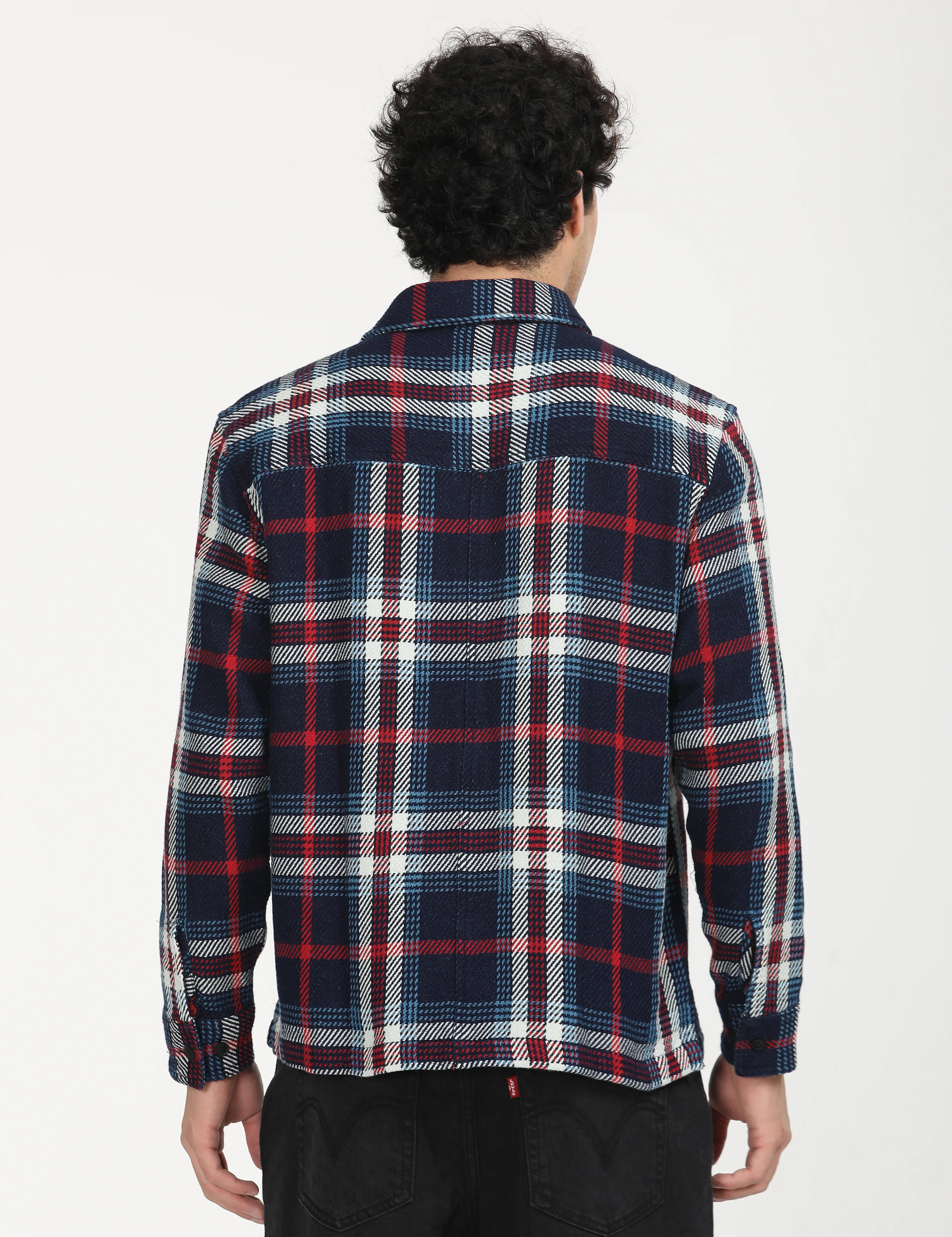 Men's Plaid Navy Spread Collar Shacket - Image 3