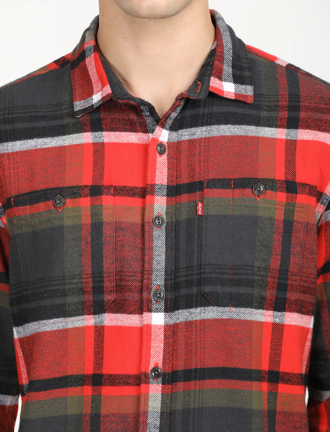Men's Plaid Red Spread Collar Shacket - Image 4