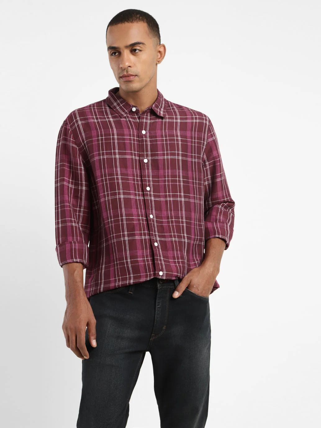 Men's Checkered Spread Collar Linen Shirt - Image 2