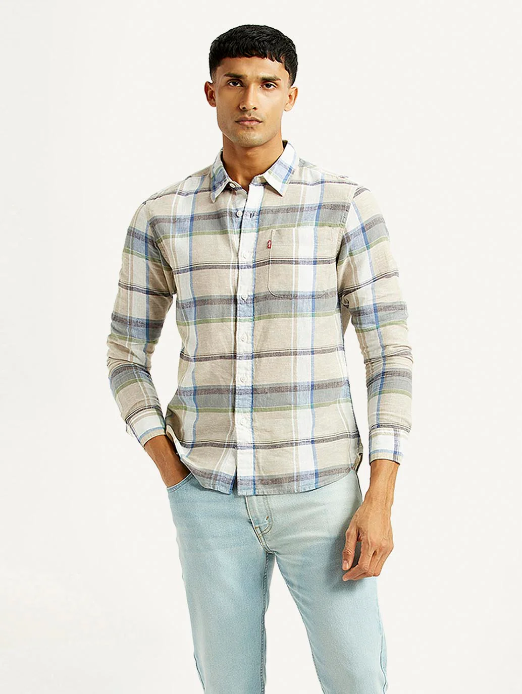 Men's Plaid Slim Fit Linen Shirt