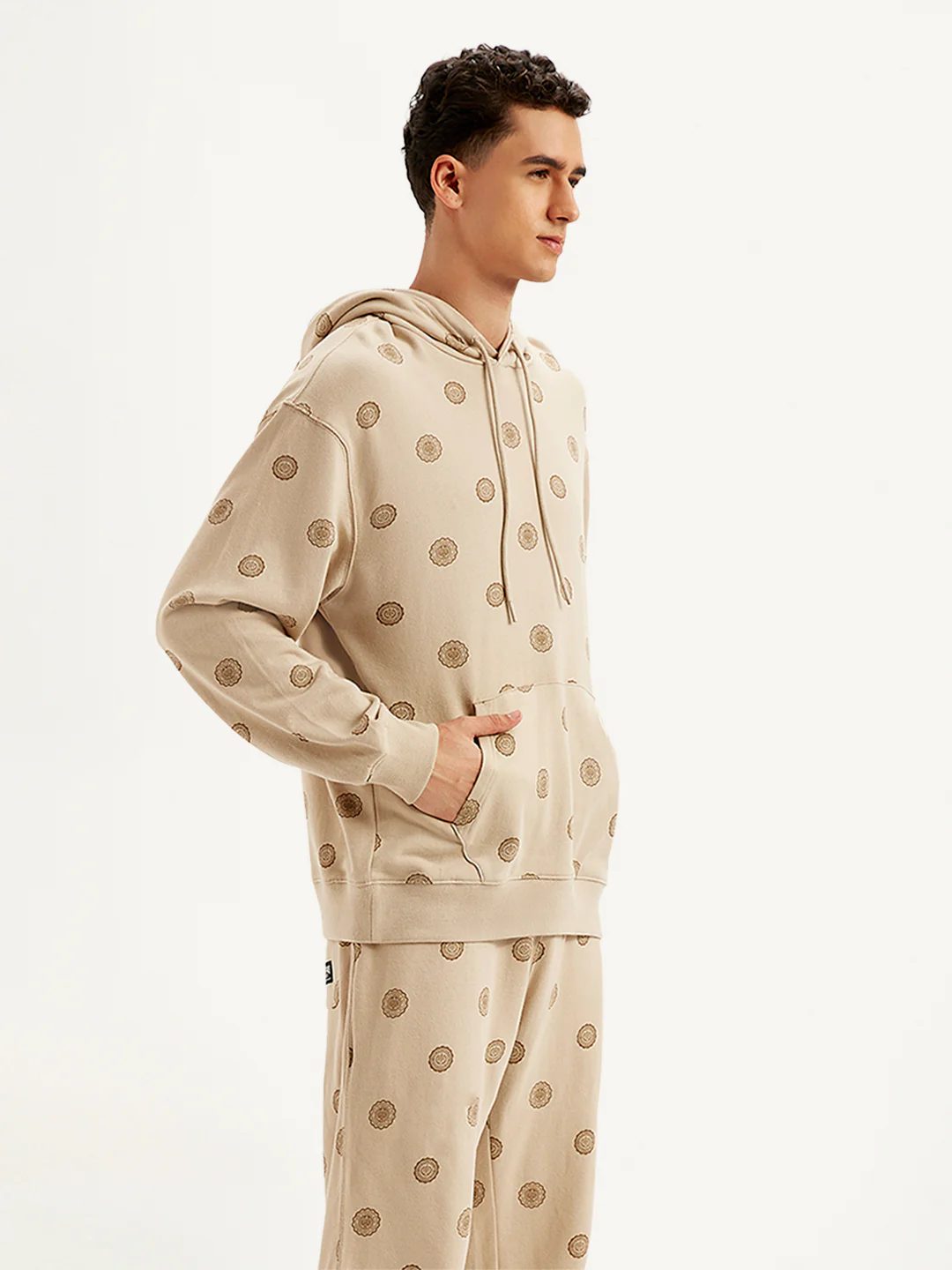 Men's Printed Khaki Hooded Sweatshirt - Image 3