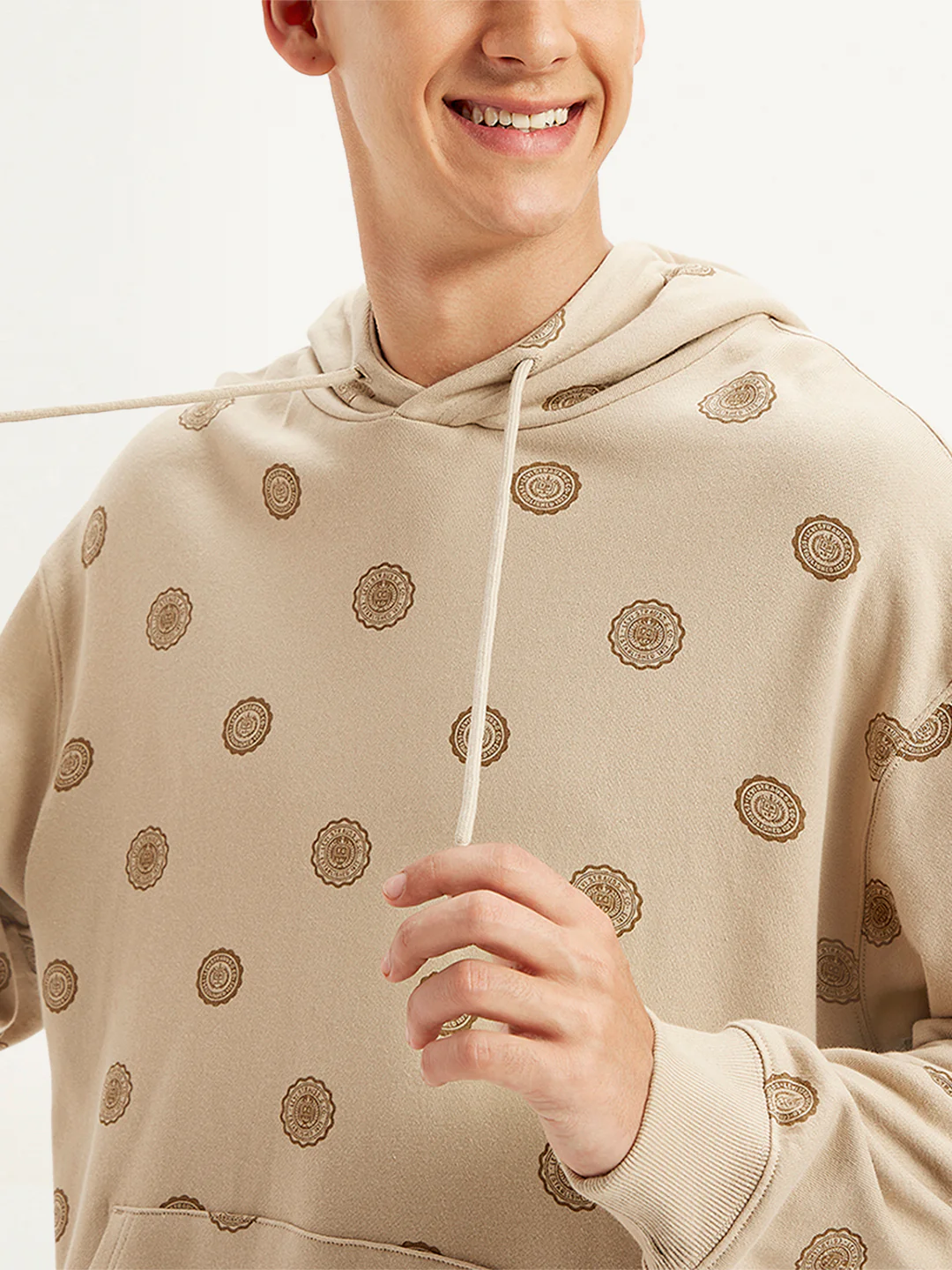 Men's Printed Khaki Hooded Sweatshirt - Image 4
