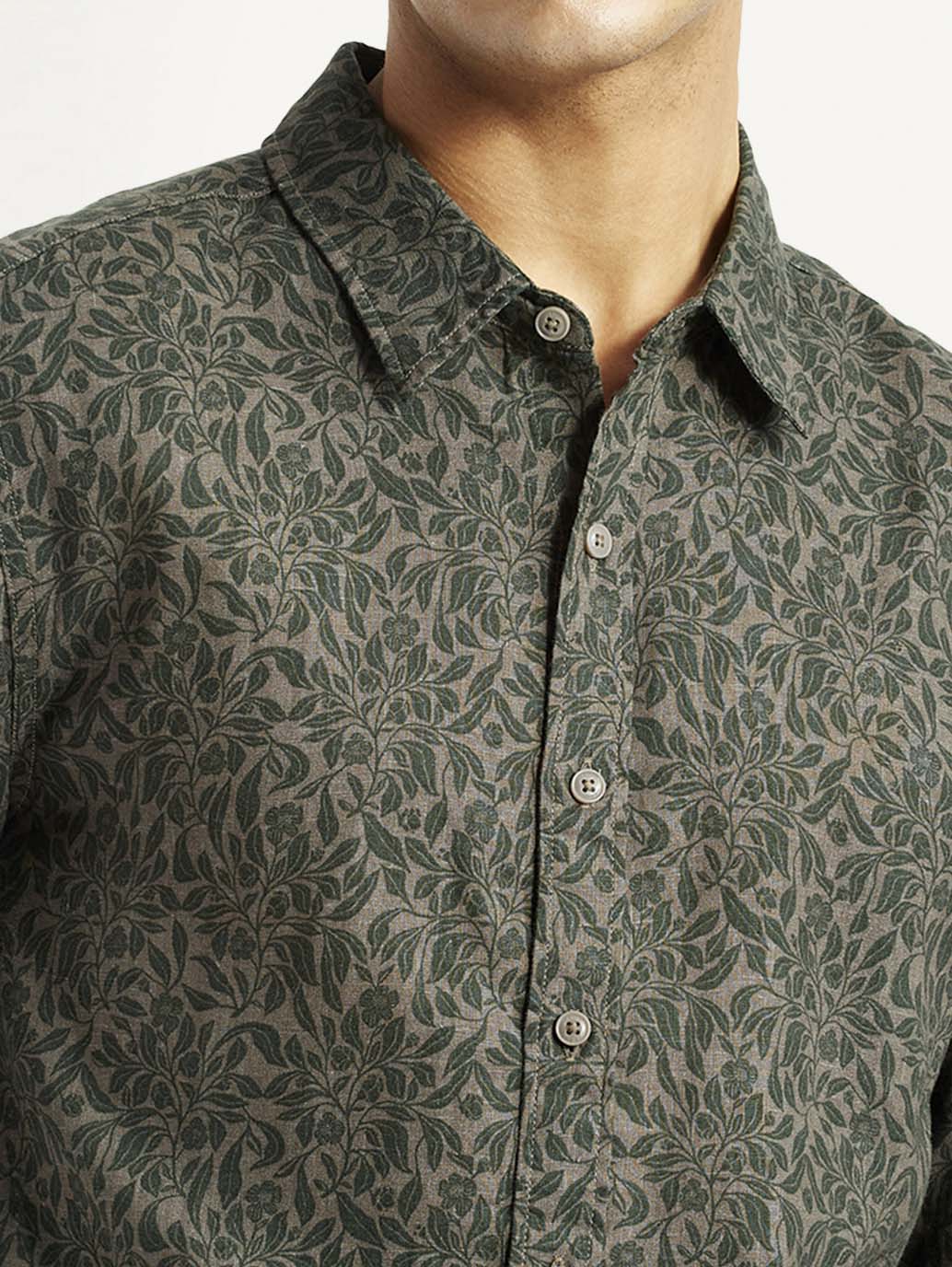 Men's Printed Olive Green Slim Fit Shirt - Image 3