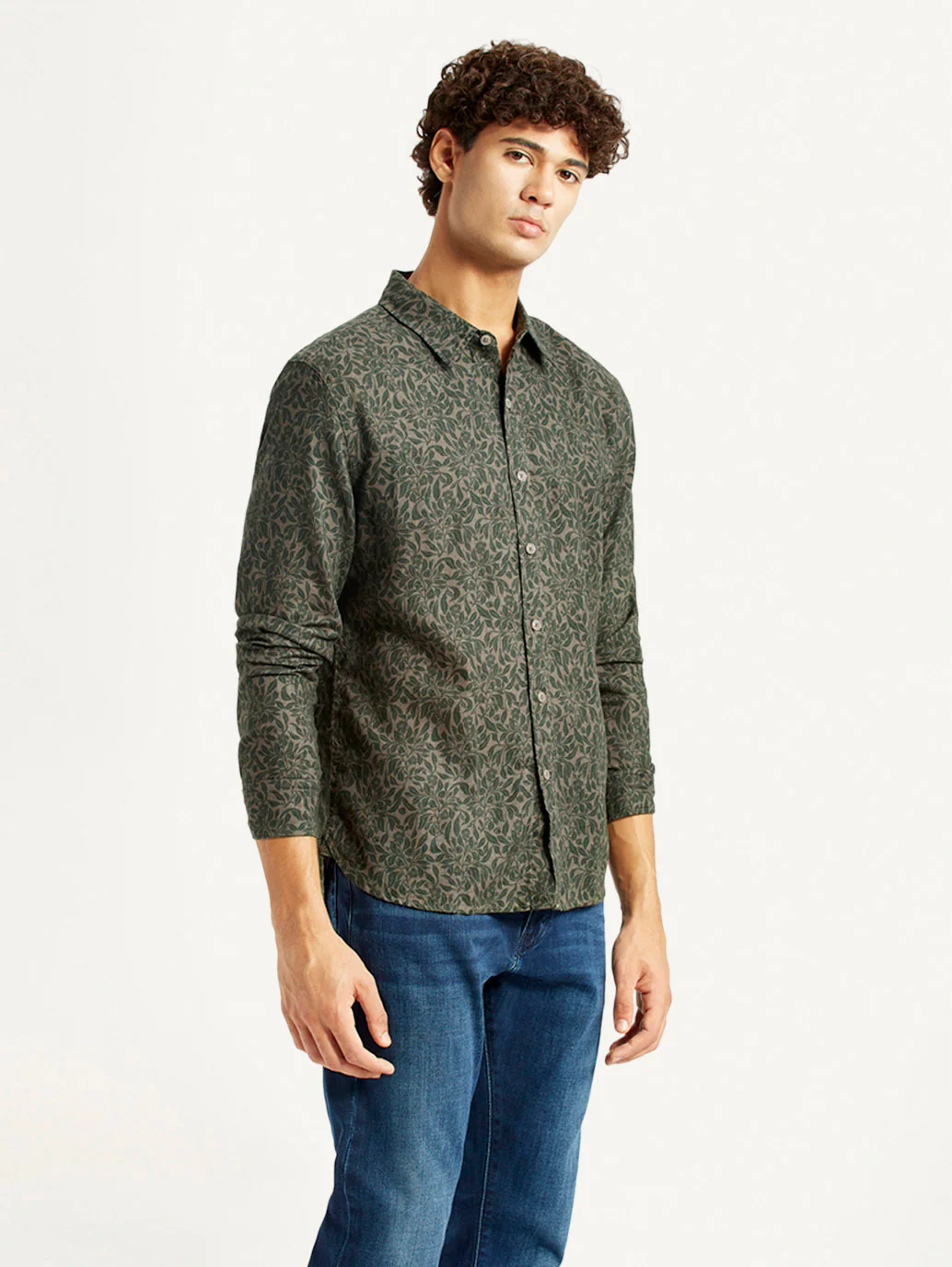 Men's Printed Olive Green Slim Fit Shirt - Image 4