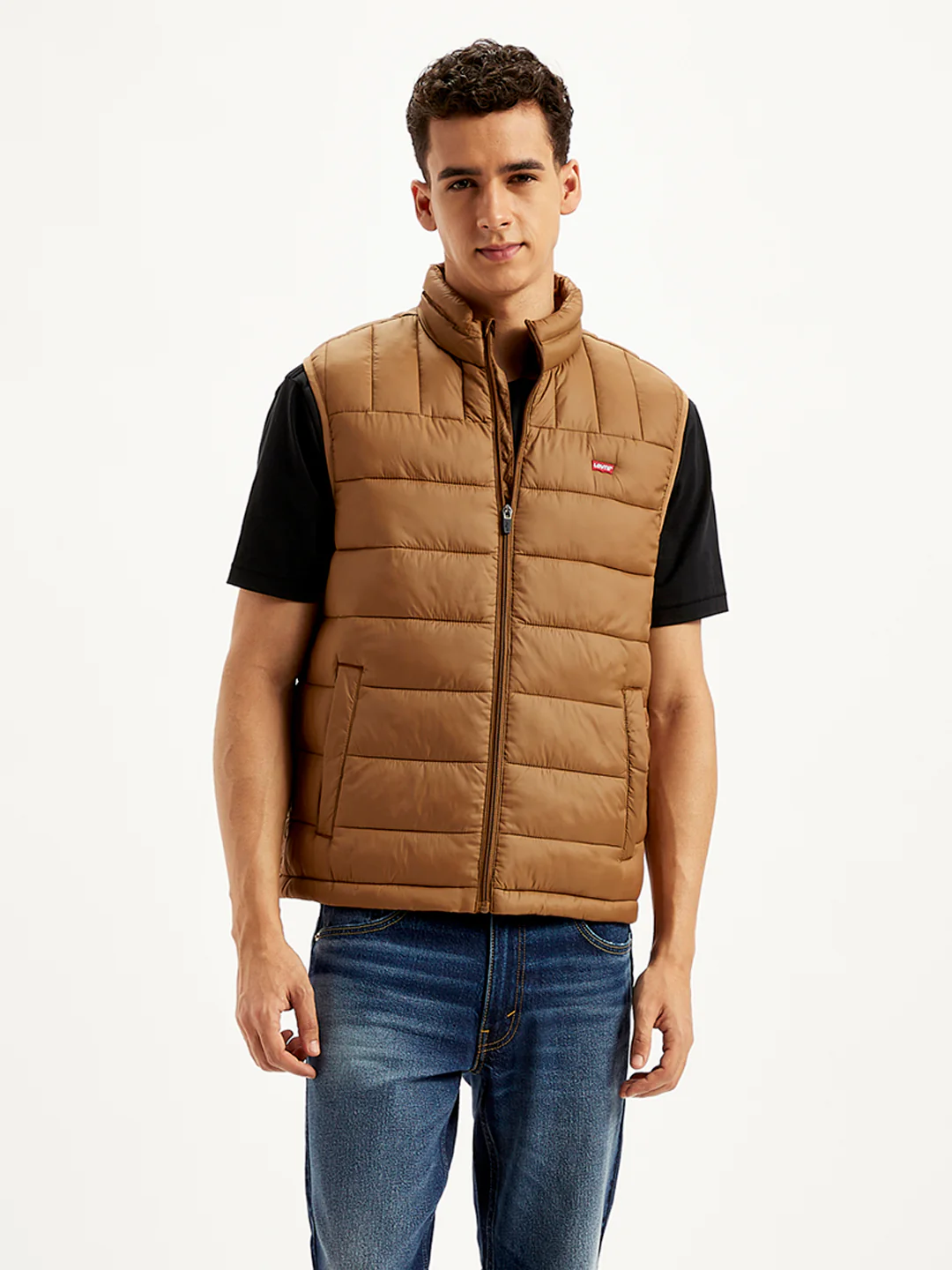 Men's Quilted Brown High Neck Puffer Jacket - Image 2