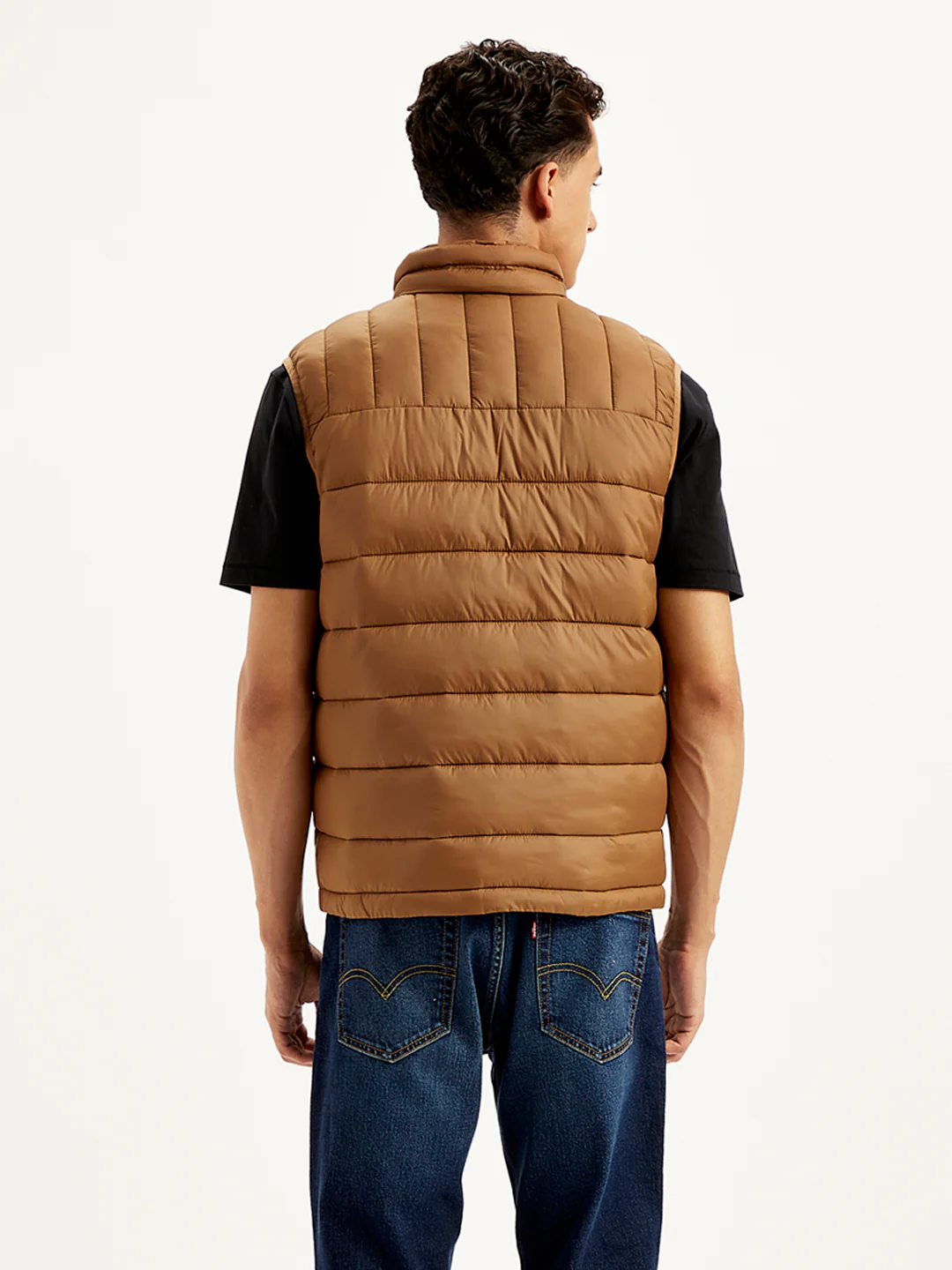 Men's Quilted Brown High Neck Puffer Jacket - Image 3