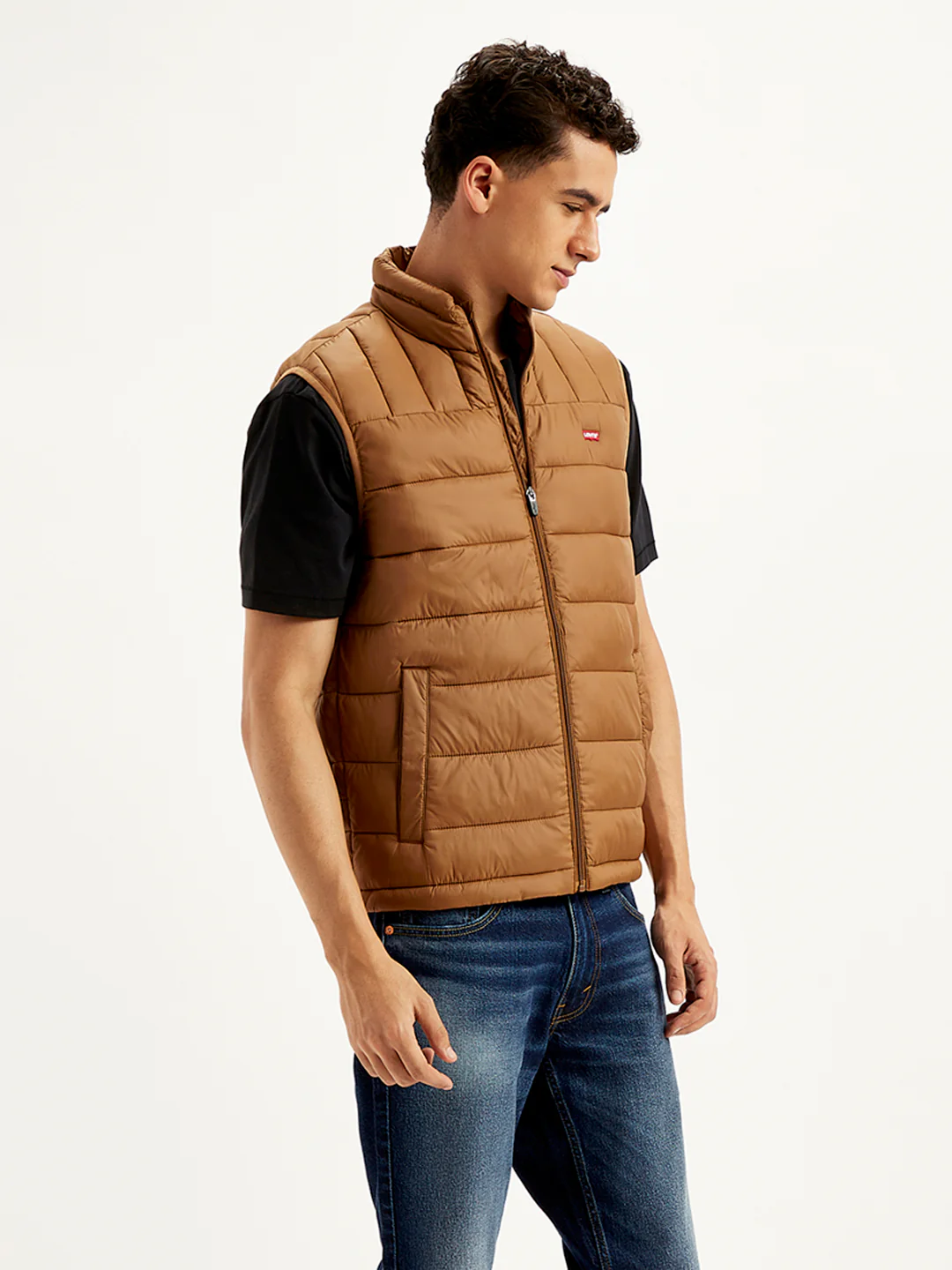 Men's Quilted Brown High Neck Puffer Jacket - Image 4